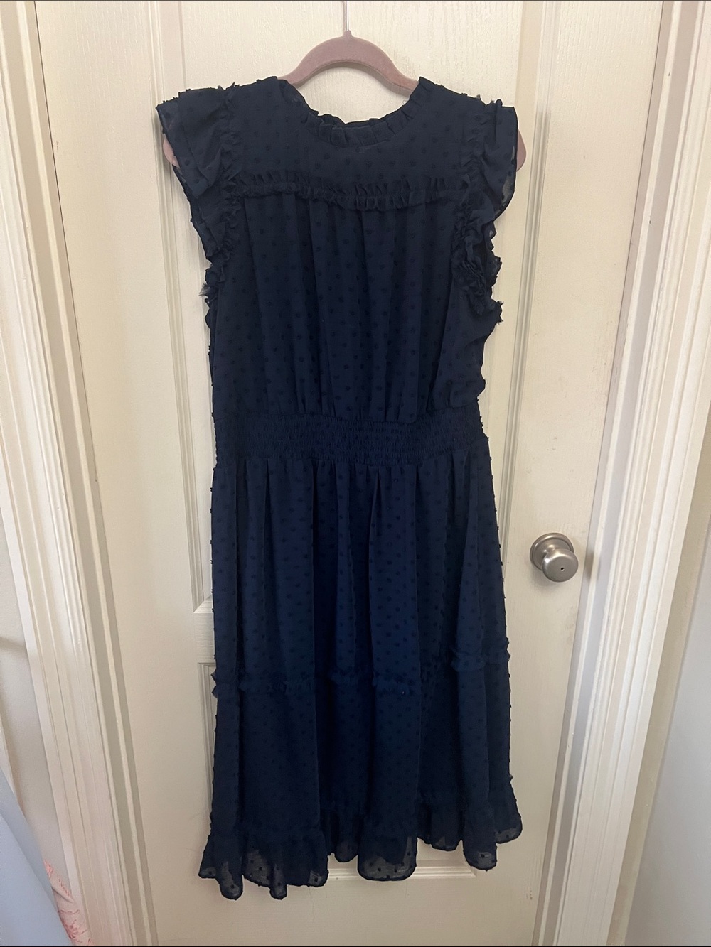 CeCe Navy Ruffled Swiss Dot Midi Dress